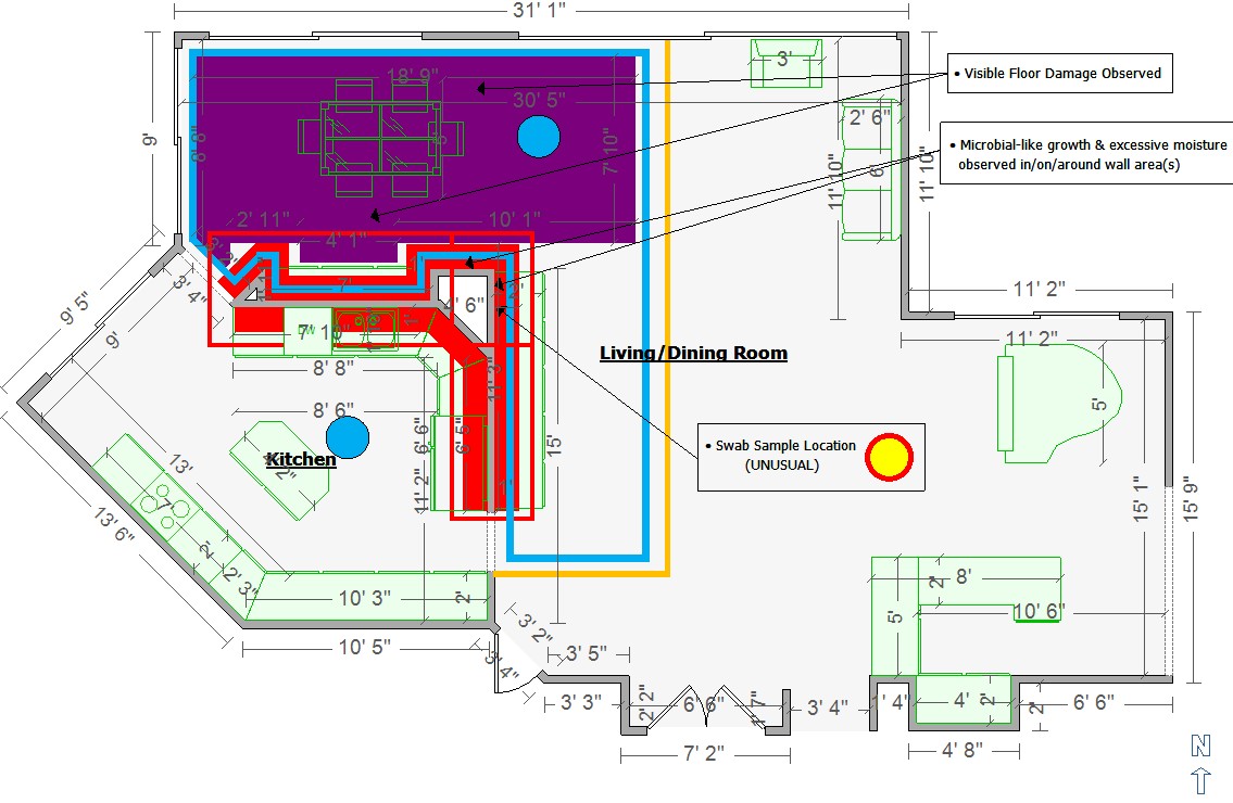 An anonymized Apex Xactimate floor-plan sketch with mapped remediation areas and field annotations