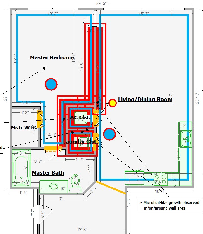 A second anonymized Apex floor-plan sketch showing affected areas and sample locations