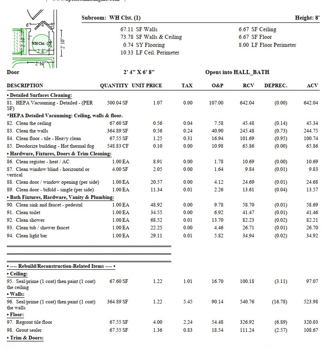 Apex Xactimate rebuild estimate showing room quantities and detailed line items