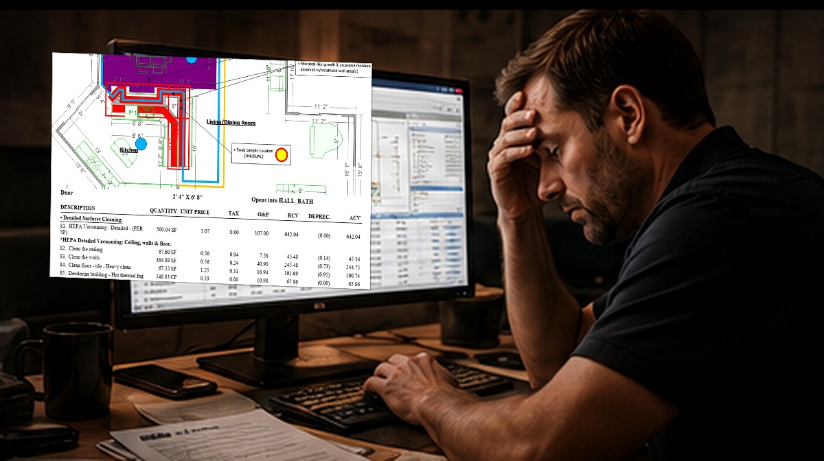 Restoration professional reviewing a dense Xactimate field and estimate file at a computer